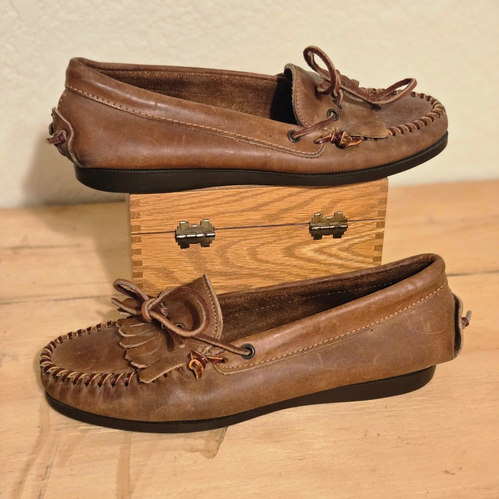 VTG Ralph Lauren Leather Moccasin 80s Women 9 Brown Kilty Fringe Loafer Shoe USA